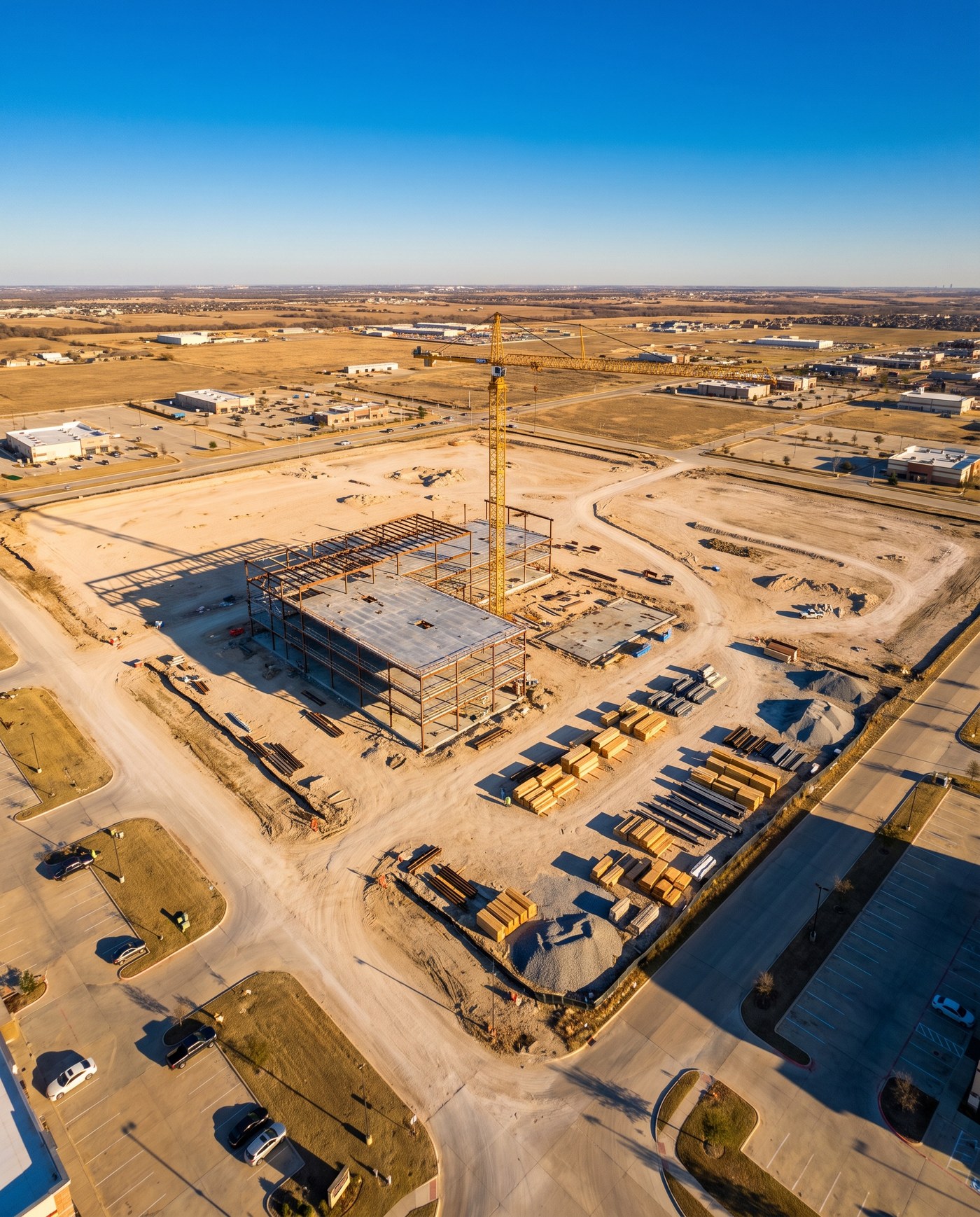 A large commercial construction project under way in North Texas, seen from a drone.