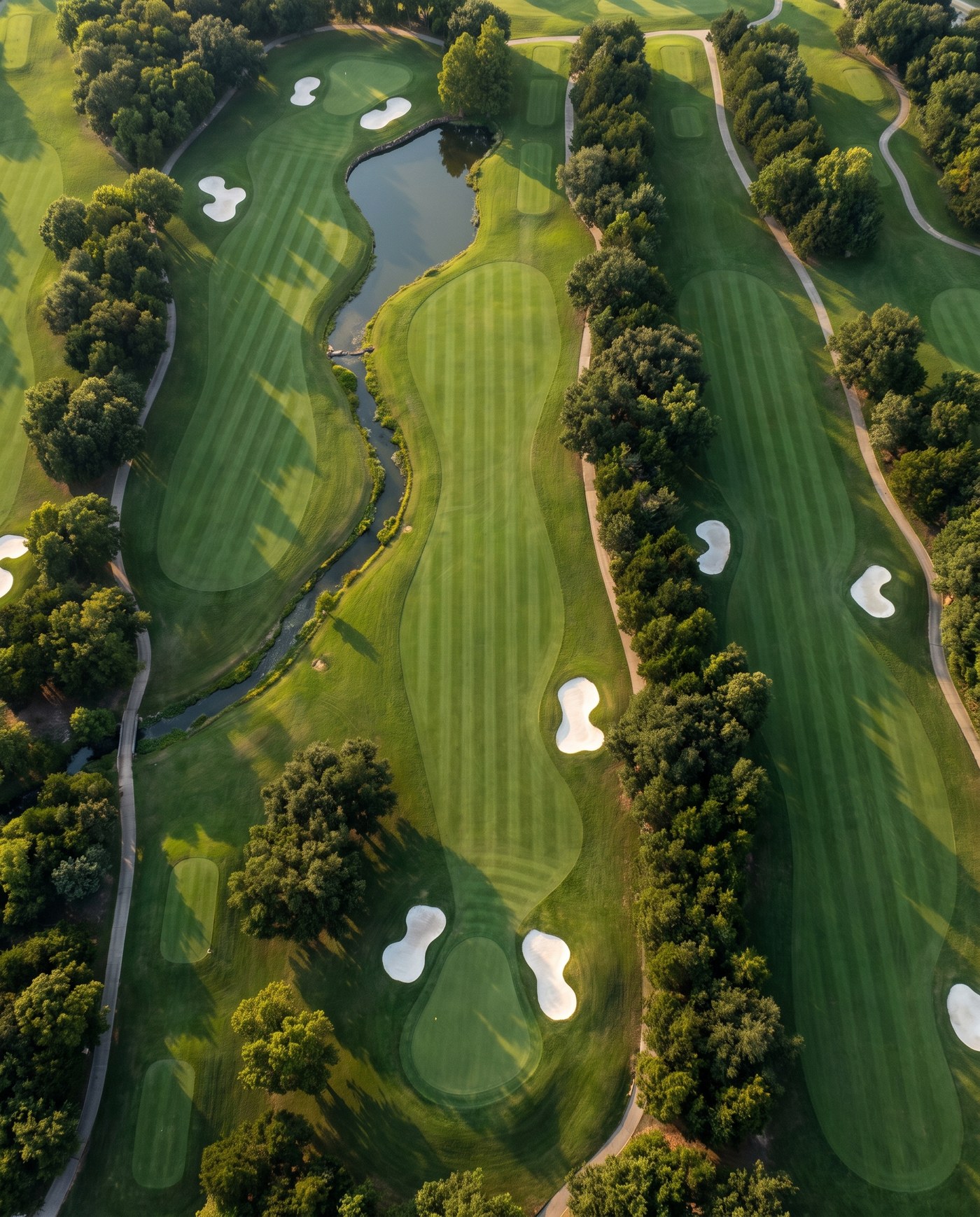 A premium private golf course in North Texas, seen from a drone.