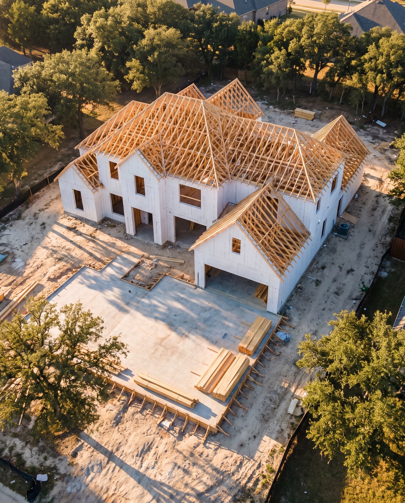 A luxury custom home mid-construction in North Texas, seen from a drone.