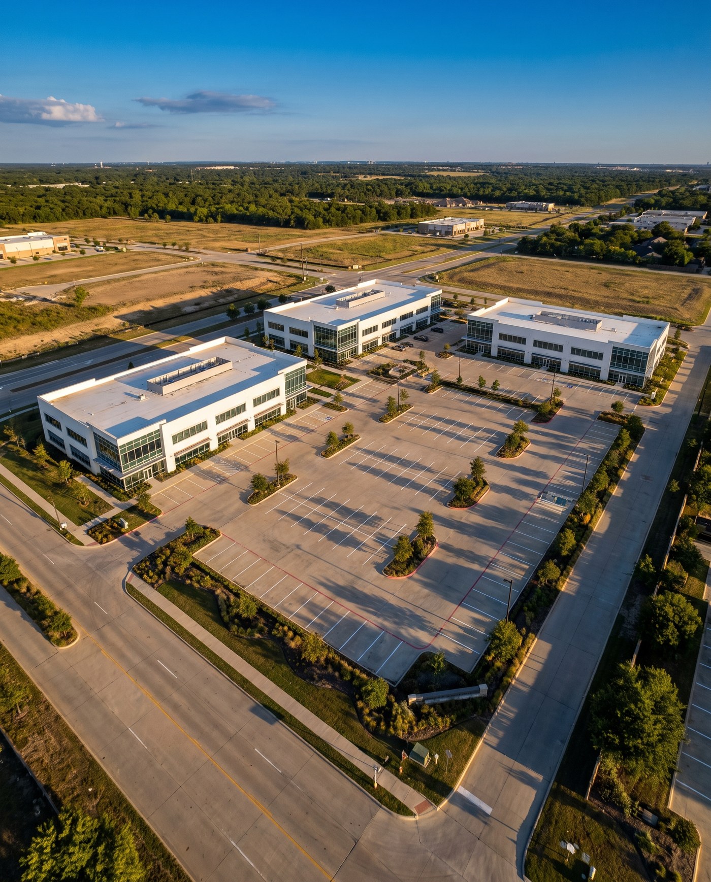 A completed commercial development in North Texas, seen from a drone.